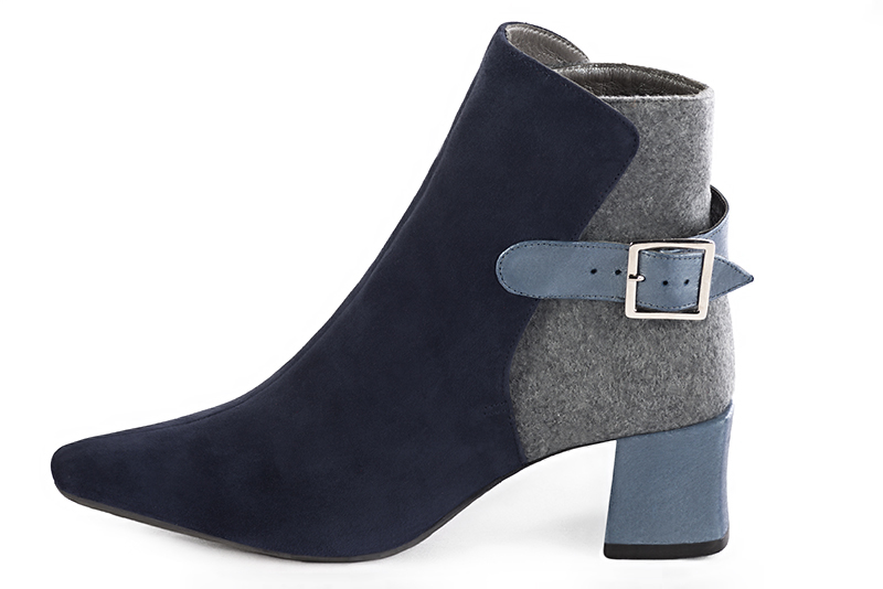 Women's navy blue, ash grey and prussian blue elegant ankle boots, with buckles at the back. Square toe. Medium block heels - Profile view